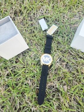 Michael Kors Black Silicone Strap Watch with Gold Case and MK Logo Dial